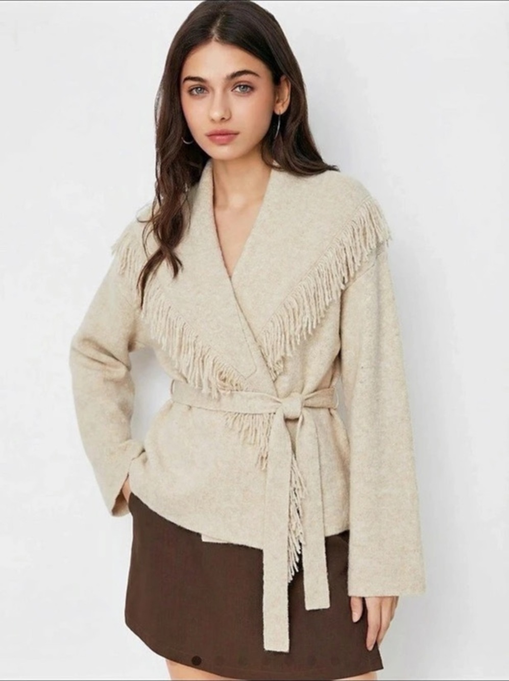 Fringe Wrap Jacket in Cream Like New